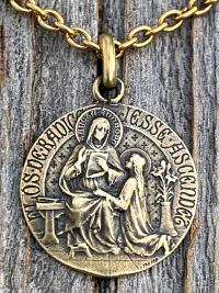 Antique Gold St Anne Medal Pendant Necklace, Antique Replica, French Artist Louis Tricard, Holy Anna Ora Pro Nobis, Saint Anne Pray for Us