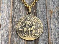 Antique Gold St Anne Medal Pendant Necklace, Antique Replica, French Artist Louis Tricard, Holy Anna Ora Pro Nobis, Saint Anne Pray for Us