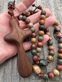 Large Rosary, Walnut Comfort Cross, Palm Cross, Red Cherry Creek Jasper Gemstones, Oversized Rosary, Wall Rosary, Couples Rosary, Heirloom