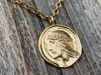 Gold Crowned Jesus Medal Pendant and Chain Necklace, French Antique Replica, By Augis and Mazzoni, Lord Jesus Christ, Rare French Medal