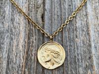 Gold Crowned Jesus Medal Pendant and Chain Necklace, French Antique Replica, By Augis and Mazzoni, Lord Jesus Christ, Rare French Medal