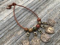 Leather Loop for Religious Medals, Crosses and Crucifixes, Bronze with Cherry Creek Jasper Gemstones, Praying and carrying religious medals