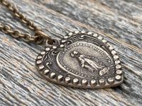 Bronze Miraculous Medal Pendant Necklace, Heart Shaped Miraculous Medal, Antique Replica, Rare Medal minted 1930 Centennial, Virgin Mary M4