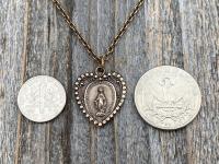 Bronze Miraculous Medal Pendant Necklace, Heart Shaped Miraculous Medal, Antique Replica, Rare Medal minted 1930 Centennial, Virgin Mary M4