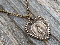 Bronze Miraculous Medal Pendant Necklace, Heart Shaped Miraculous Medal, Antique Replica, Rare Medal minted 1930 Centennial, Virgin Mary M4