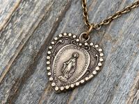 Bronze Miraculous Medal Pendant Necklace, Heart Shaped Miraculous Medal, Antique Replica, Rare Medal minted 1930 Centennial, Virgin Mary M4