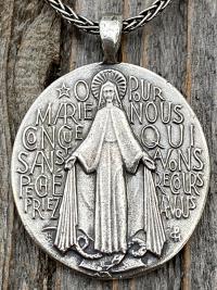 Sterling Silver French Miraculous Medal Pendant Necklace, Antique Replica, Large Miraculous Medallion, Big Blessed Virgin Mary Pendant, MM1