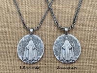 Sterling Silver French Miraculous Medal Pendant Necklace, Antique Replica, Large Miraculous Medallion, Big Blessed Virgin Mary Pendant, MM1