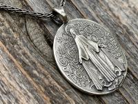 Sterling Silver French Miraculous Medal Pendant Necklace, Antique Replica, Large Miraculous Medallion, Big Blessed Virgin Mary Pendant, MM1