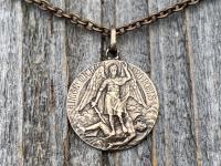 Bronze St Michael Medal Pendant Necklace, Rare French Antique Replica, Artist Tricard, Sancte Michael Ora Pro Nobis, St Michael Pray for Us