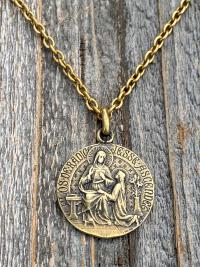 Antique Gold St Anne Medal Pendant Necklace, Antique Replica, French Artist Louis Tricard, Holy Anna Ora Pro Nobis, Saint Anne Pray for Us