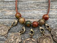 Leather Loop for Religious Medals, Crosses and Crucifixes, Bronze with Cherry Creek Jasper Gemstones, Praying and carrying religious medals