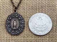 Bronze Miraculous Medal Pendant Necklace, Heart Border, Antique Replica, Blessed Virgin Mary Medallion, Immaculate Virgin Mary Pendant, MM5