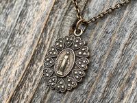 Bronze Miraculous Medal Pendant Necklace, Heart Border, Antique Replica, Blessed Virgin Mary Medallion, Immaculate Virgin Mary Pendant, MM5