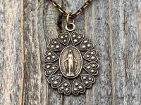 Bronze Miraculous Medal Pendant Necklace, Heart Border, Antique Replica, Blessed Virgin Mary Medallion, Immaculate Virgin Mary Pendant, MM5