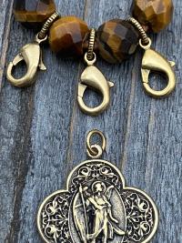 Leather Loop with Yellow Tigereye Gemstones and Lobster Clasps to Attach Antique Gold Medals, Crosses and Crucifixes, Keychain for Medals