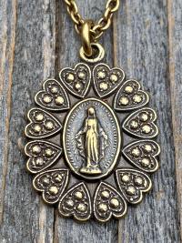 Antique Gold Miraculous Medal Pendant Necklace, Antique Replica, Blessed Virgin Mary Medal, Our Lady of Miracles, Immaculate Virgin Mary MM5