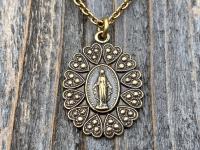 Antique Gold Miraculous Medal Pendant Necklace, Antique Replica, Blessed Virgin Mary Medal, Our Lady of Miracles, Immaculate Virgin Mary MM5