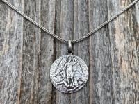 Sterling Silver St Michael Medal Pendant Necklace, Rare French Antique Replica, Artist L Tricard, Ora Pro Nobis, Saint Michael Pray for Us
