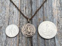 Bronze St Michael Medal Pendant Necklace, Rare French Antique Replica, Artist Tricard, Sancte Michael Ora Pro Nobis, St Michael Pray for Us