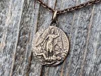 Bronze St Michael Medal Pendant Necklace, Rare French Antique Replica, Artist Tricard, Sancte Michael Ora Pro Nobis, St Michael Pray for Us