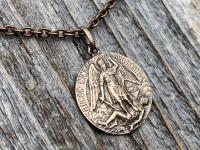 Bronze St Michael Medal Pendant Necklace, Rare French Antique Replica, Artist Tricard, Sancte Michael Ora Pro Nobis, St Michael Pray for Us