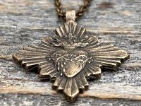 Bronze Sacred Heart Pendant and Necklace, French Antique Replica, Radiant Sacred Heart Medal, Large Sacred Heart of Jesus Pendant, Stunning!