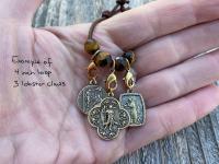 Leather Loop for Religious Medals, Crosses and Crucifixes, Bronze with Cherry Creek Jasper Gemstones, Praying and carrying religious medals