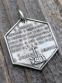 Large Sterling Silver Saint Francis of Assisi Blessing Prayer Medal, Italian Antique Replica, Pendant Necklace, Hexagon-Shaped Big Medal 925