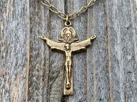 Antique Gold Trinity Crucifix Pendant and Necklace, Antique Replica, Father Son and Holy Spirit 3-in-1 Crucifix, Latin "A HERI HODIE SEMPER"