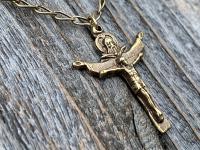 Antique Gold Trinity Crucifix Pendant and Necklace, Antique Replica, Father Son and Holy Spirit 3-in-1 Crucifix, Latin "A HERI HODIE SEMPER"