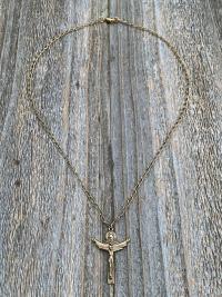 Antique Gold Trinity Crucifix Pendant and Necklace, Antique Replica, Father Son and Holy Spirit 3-in-1 Crucifix, Latin "A HERI HODIE SEMPER"