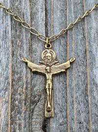 Antique Gold Trinity Crucifix Pendant and Necklace, Antique Replica, Father Son and Holy Spirit 3-in-1 Crucifix, Latin "A HERI HODIE SEMPER"