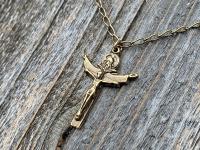 Antique Gold Trinity Crucifix Pendant and Necklace, Antique Replica, Father Son and Holy Spirit 3-in-1 Crucifix, Latin "A HERI HODIE SEMPER"