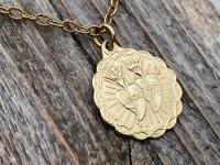 Gold Sacred Heart of Jesus and Immaculate Heart of Mary Medal Pendant Necklace, Antique Replica, Twin Hearts Medal Pendant, Catholic Medal