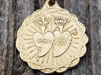 Gold Sacred Heart of Jesus and Immaculate Heart of Mary Medal Pendant Necklace, Antique Replica, Twin Hearts Medal Pendant, Catholic Medal