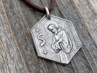 Large Sterling Silver Saint Francis of Assisi Blessing Prayer Medal, Italian Antique Replica, Pendant Necklace, Hexagon-Shaped Big Medal 925