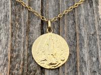 14K, 10K, Gold Bronze St Michael the Archangel Medallion Pendant & Necklace, Antique Replica Rare French Latin Medal signed by Tricard M2