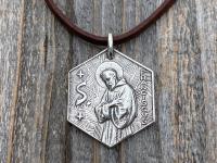 Large Sterling Silver Saint Francis of Assisi Blessing Prayer Medal, Italian Antique Replica, Pendant Necklace, Hexagon-Shaped Big Medal 925