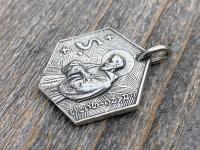 Large Sterling Silver Saint Francis of Assisi Blessing Prayer Medal, Italian Antique Replica, Pendant Necklace, Hexagon-Shaped Big Medal 925