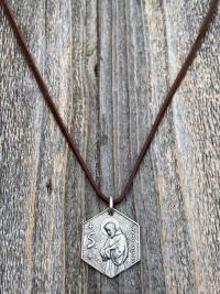 Large Sterling Silver Saint Francis of Assisi Blessing Prayer Medal, Italian Antique Replica, Pendant Necklace, Hexagon-Shaped Big Medal 925