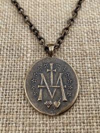 Bronze Large French Miraculous Medal Pendant, Antique Replica, Immaculate Conception Necklace, Our Lady of Miracles Medallion, MM1