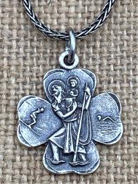 Sterling Silver St. Christopher Medal Pendant Necklace, Antique Replica, Shamrock Pendant, Patron Saint of Travelers, Patron Saint of Travel