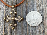 Antique Gold Coptic Trinity Cross Pendant, Gold Chain or Leather Cord Necklace, Antique Replica from 19th C, Large Christian Cross Pendant