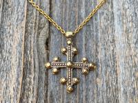 Antique Gold Coptic Trinity Cross Pendant, Gold Chain or Leather Cord Necklace, Antique Replica from 19th C, Large Christian Cross Pendant