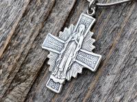 Sterling Silver Blessed Virgin Mary Medal Pendant Necklace, Antique Replica, Radiant Our Lady Medal, Our Lady of the Rosary Pendant, Cross