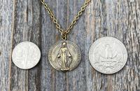 Antique Gold Round Miraculous Medal Pendant Necklace, Antique Replica, Miraculous Medallion, Blessed Virgin Mary Pendant, Lady of Grace, MM2