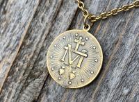 Antique Gold Round Miraculous Medal Pendant Necklace, Antique Replica, Miraculous Medallion, Blessed Virgin Mary Pendant, Lady of Grace, MM2