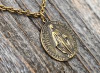 Antique Gold Round Miraculous Medal Pendant Necklace, Antique Replica, Miraculous Medallion, Blessed Virgin Mary Pendant, Lady of Grace, MM2