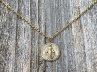 Antique Gold Round Miraculous Medal Pendant Necklace, Antique Replica, Miraculous Medallion, Blessed Virgin Mary Pendant, Lady of Grace, MM2